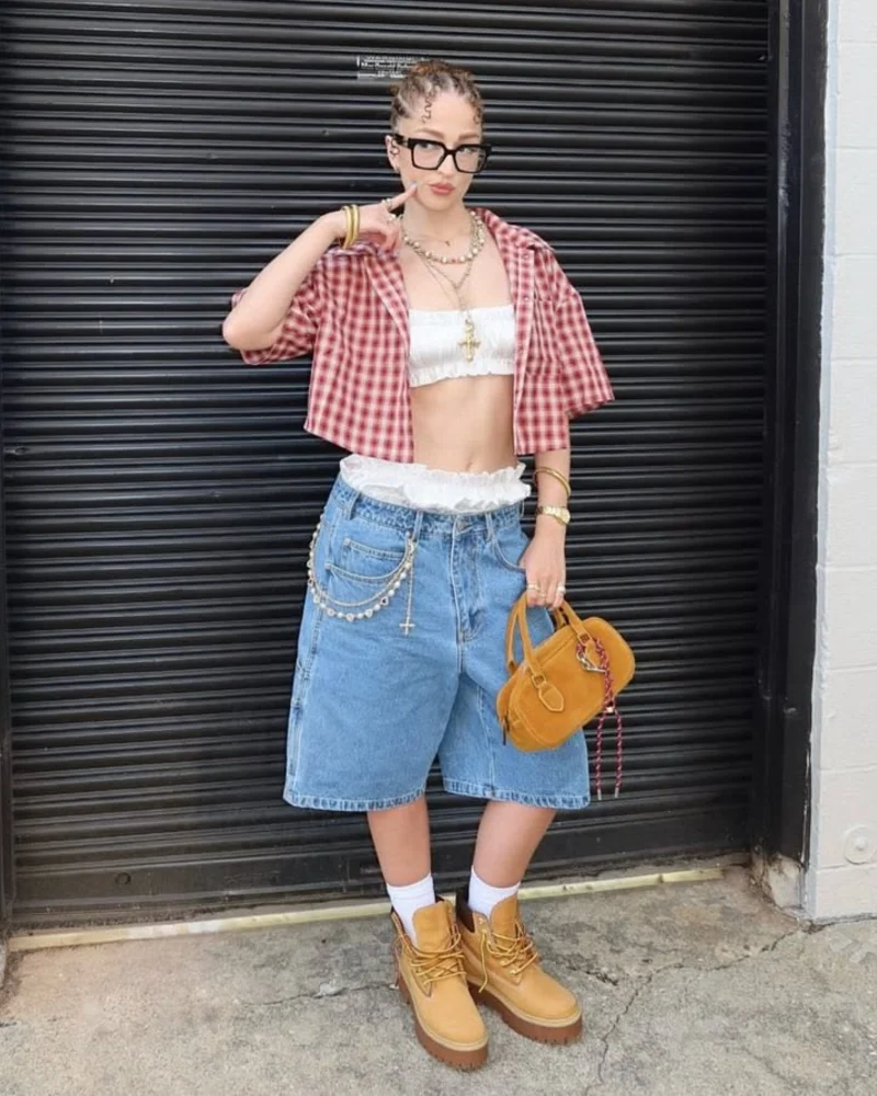 Red Gingham Crop Shirt with Denim Jorts and Timberland Platform Boots