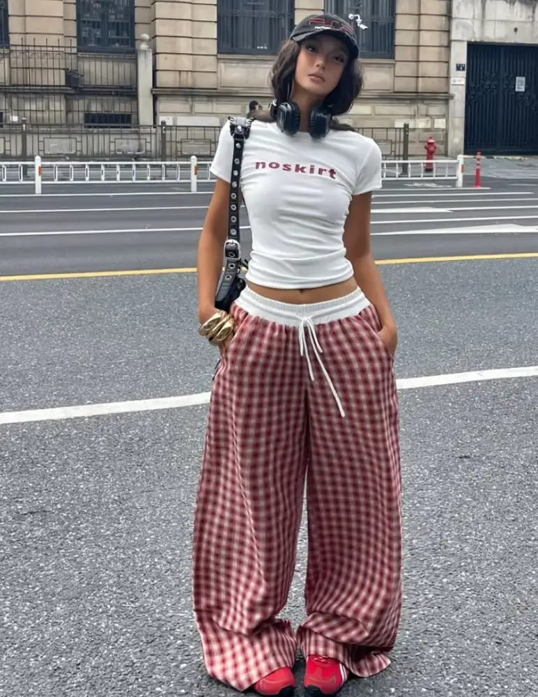 Red Gingham Wide-Leg Pants and a Baby Tee Are the Pajama Combo That Actually Works