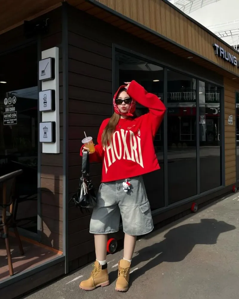 Red Graphic Hoodie with Grey Cargo Shorts