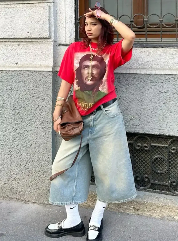 Red Graphic Tee + Wide Denim Shorts + Loafers