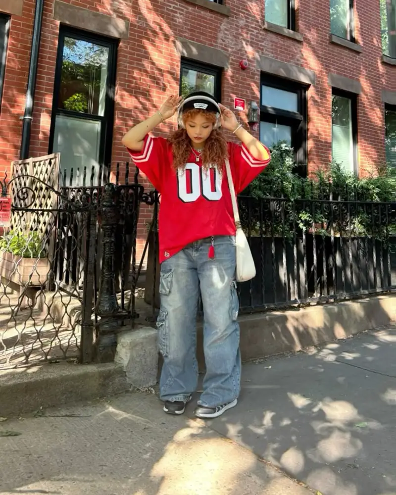 Red Jersey + Cargo Jeans Combo