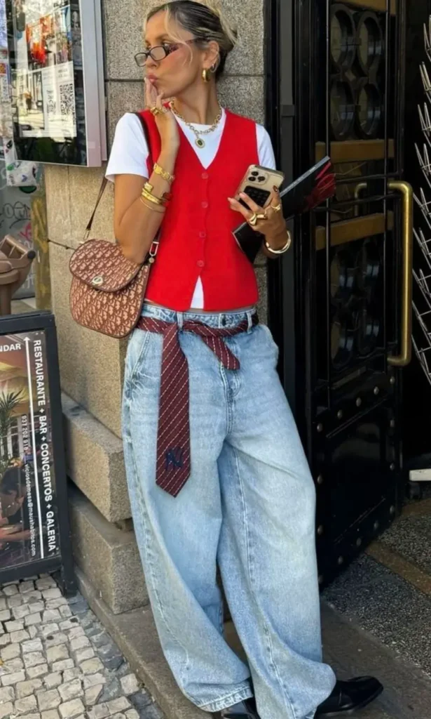 Red Knit Vest Over White Tee With Baggy Light Wash Jeans