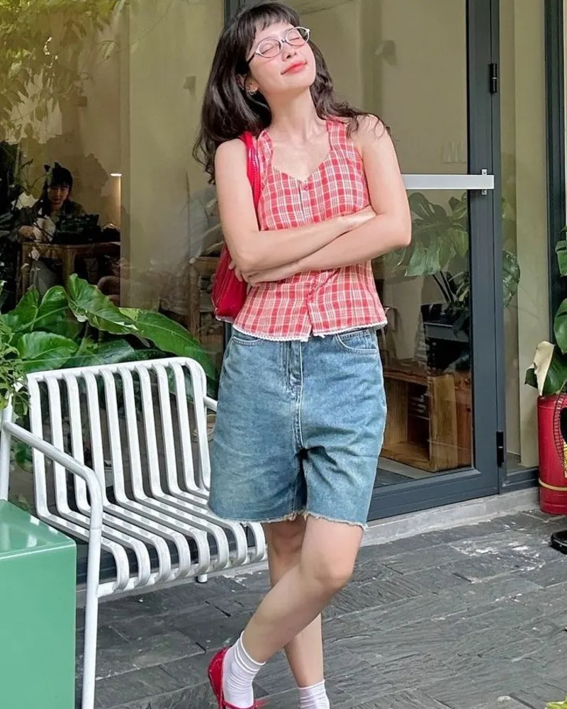 Red Plaid Crop Top + Light Denim Bermuda Shorts + Red Patent Mary Janes