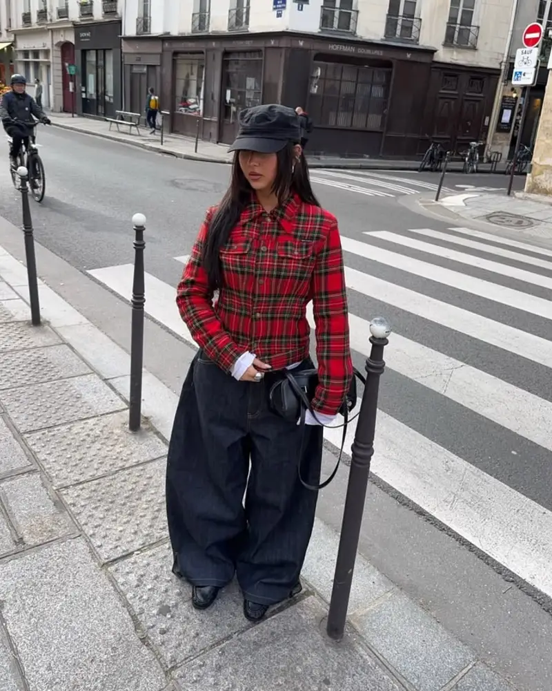 Red Plaid Jacket + Oversized Dark Denim