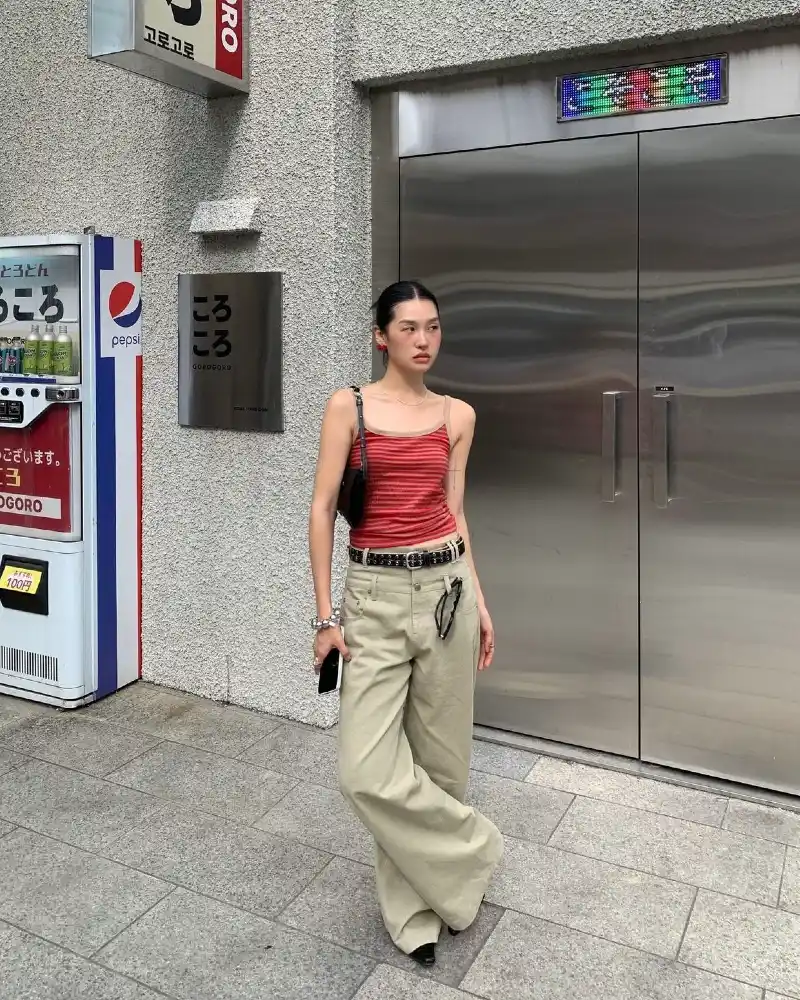 Red Striped Cami + Khaki Wide-Leg Trousers + Belt