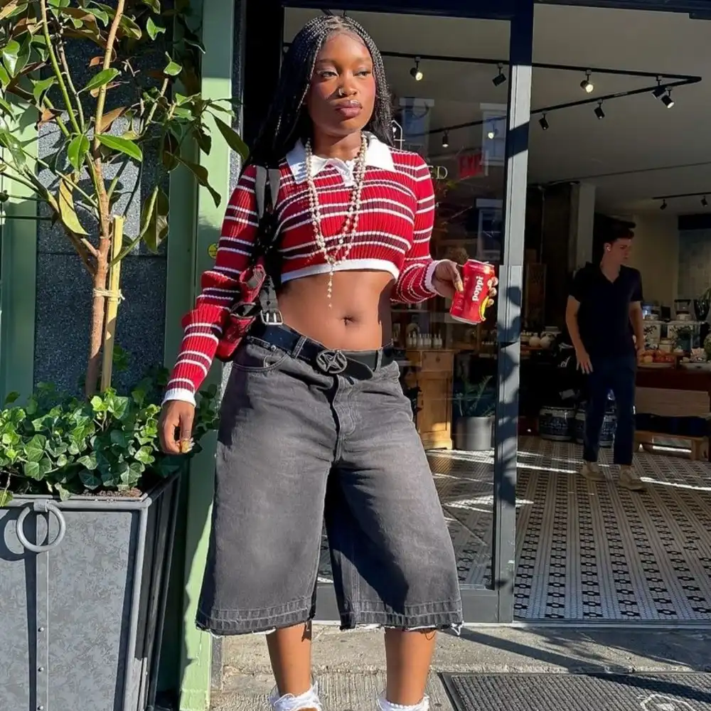 Red Polo Crop Top with Grey Jorts and Platform Boots