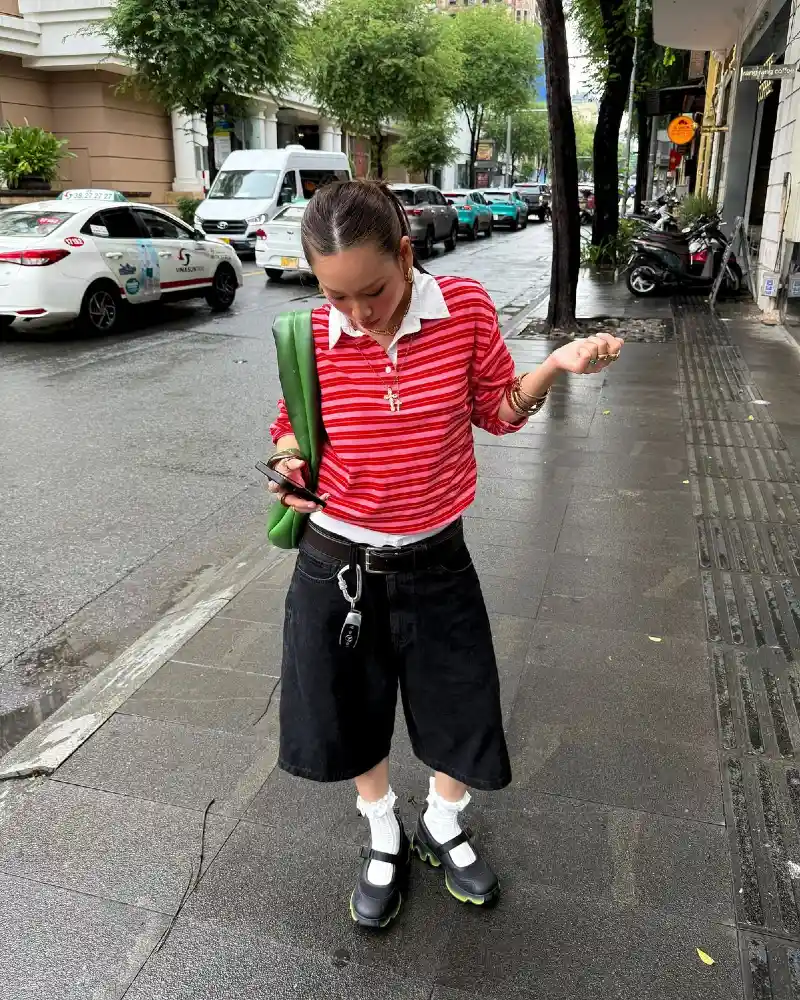 Red Striped Polo + Black Denim Shorts 