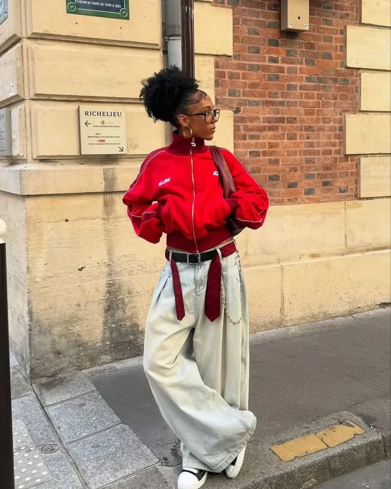 Red Track Jacket + Balloon Jeans