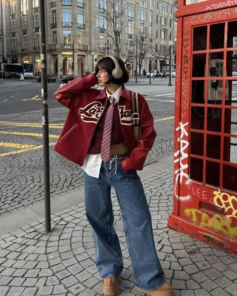 Red Varsity Leather Jacket + Tie + Wide-Leg Jeans Outfit