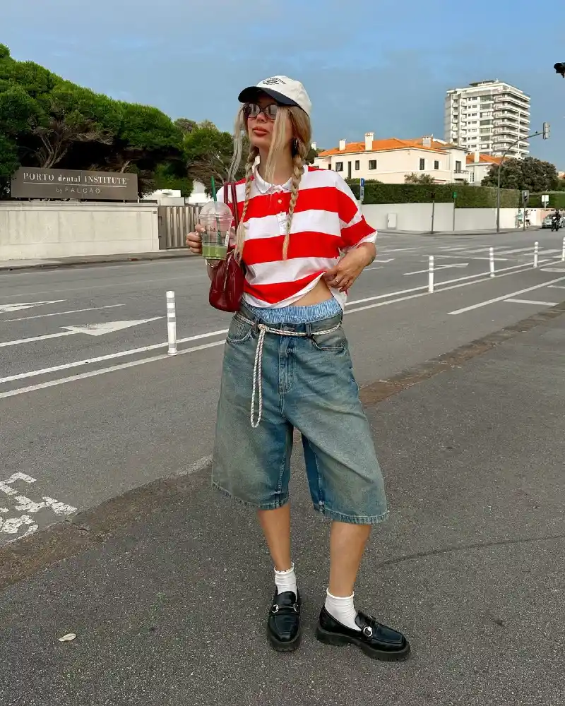 Red and White Striped Cropped Polo and Baggy Light Wash Denim Shorts with Loafers