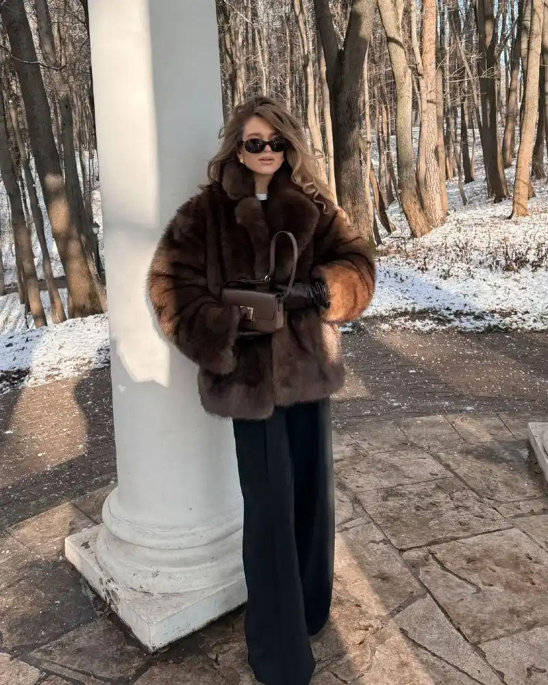 Rich Brown Fur Coat and Black Wide Trousers