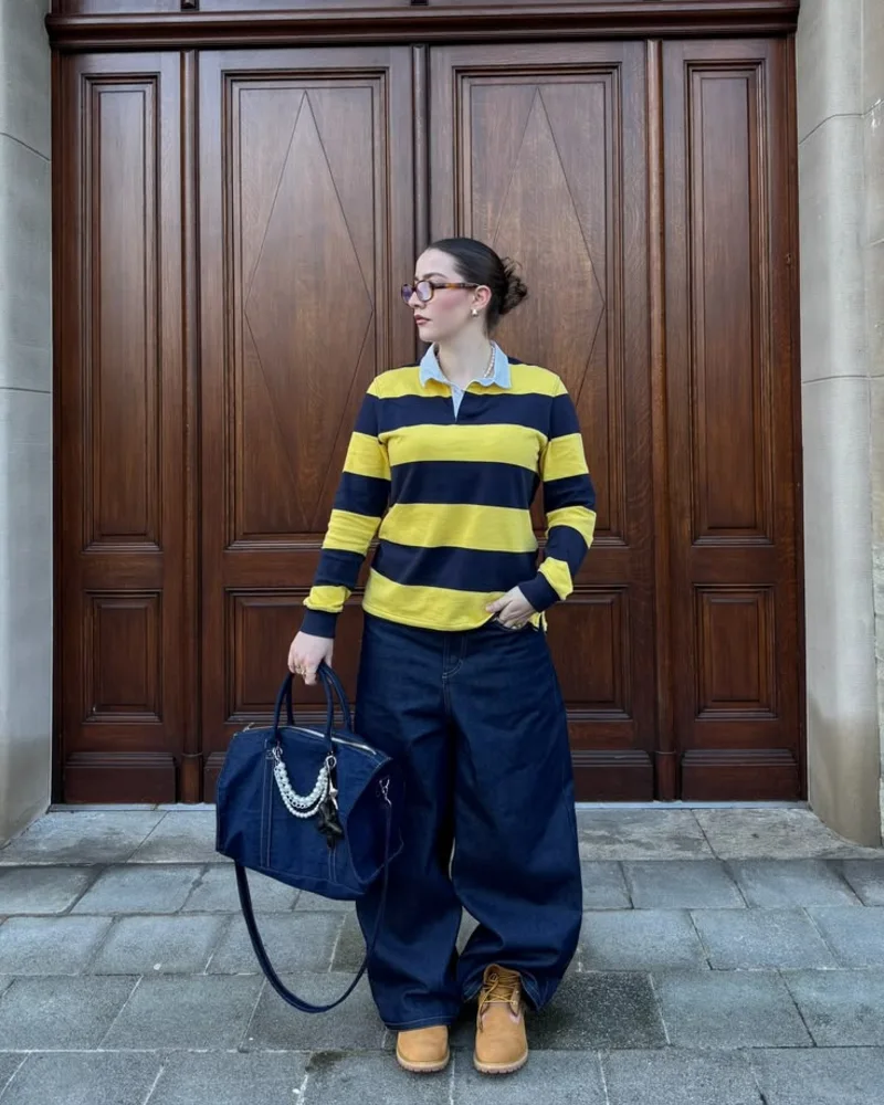 Rugby Stripe Top + Dark Denim Balloon Jeans