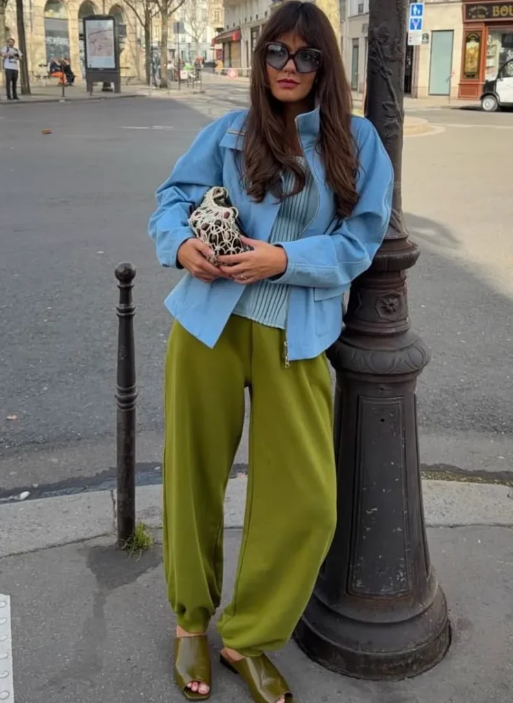  Sky Blue Denim Jacket + Olive Green Wide-Leg Trousers