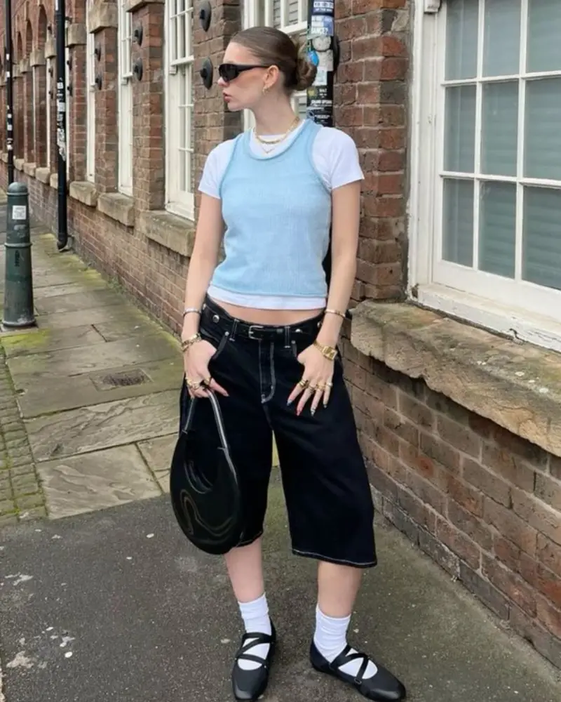  Sky Blue Layered Tank with Black Wide-Leg Denim