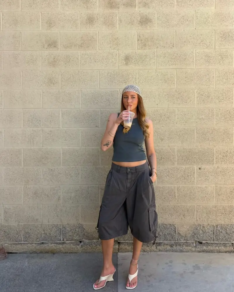  Slate Blue Crop Tank + Dark Charcoal Cargo Shorts + White Heeled Mules