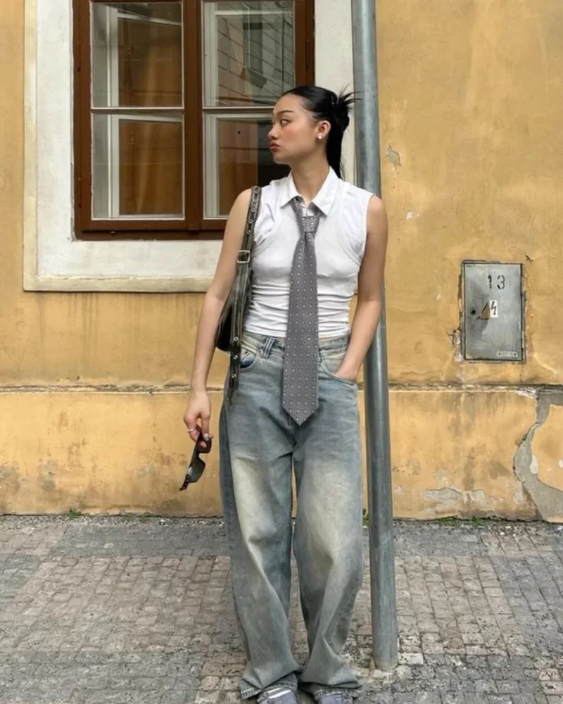 Sleeveless Polo + Tie + Wide-Leg Denim