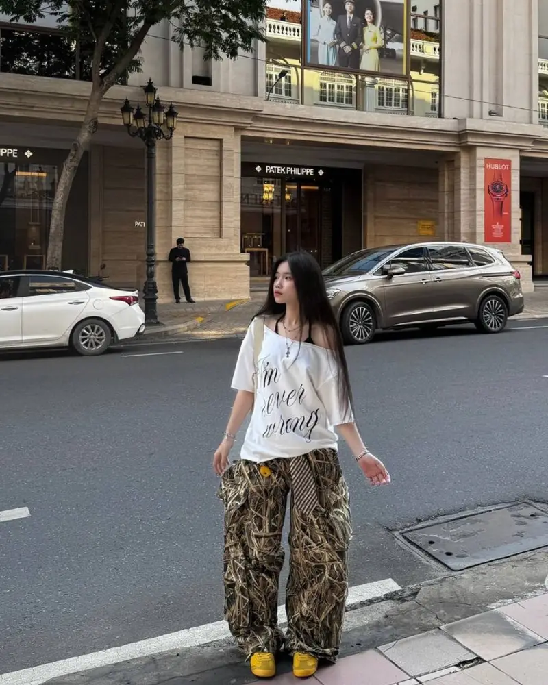Slogan Tee + Wide-Leg Camo Pants Statement
