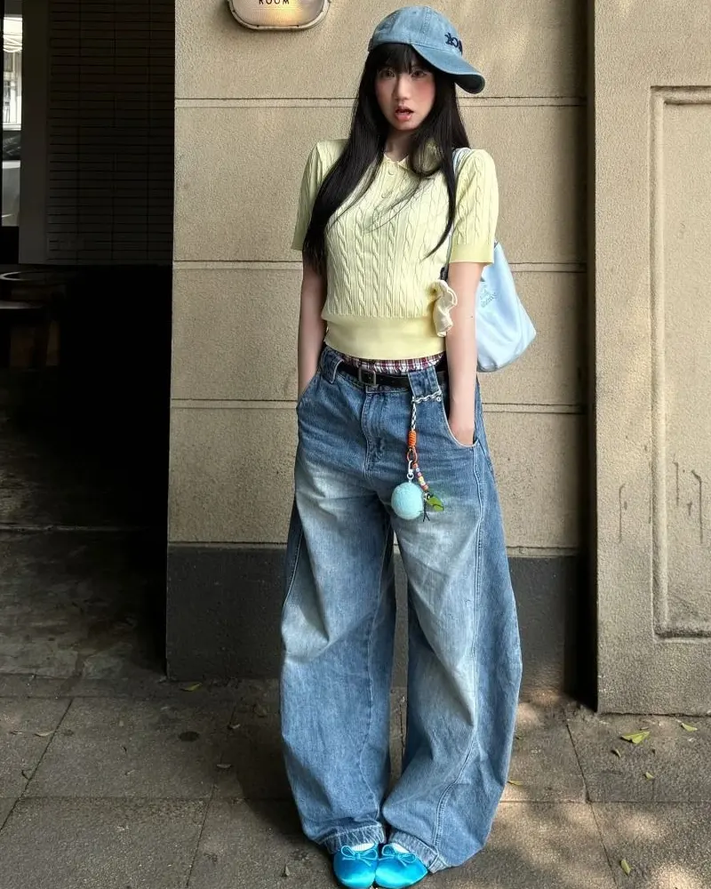 Soft Yellow Knit Top + Baggy Jeans + Blue Cap 