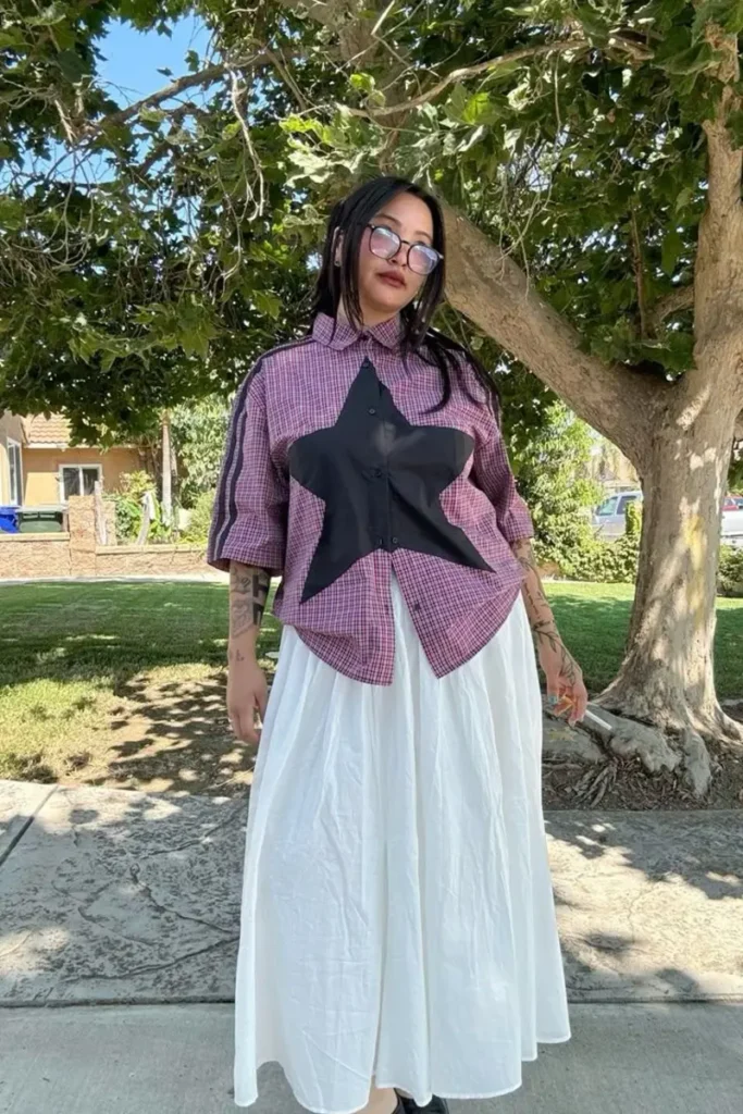 Star Patch Plaid Shirt + White Maxi Skirt 