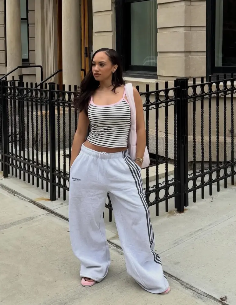 Stripe Tank, Pink Slides, and Side-Stripe Sweats — The Soft Girl Streetwear Formula