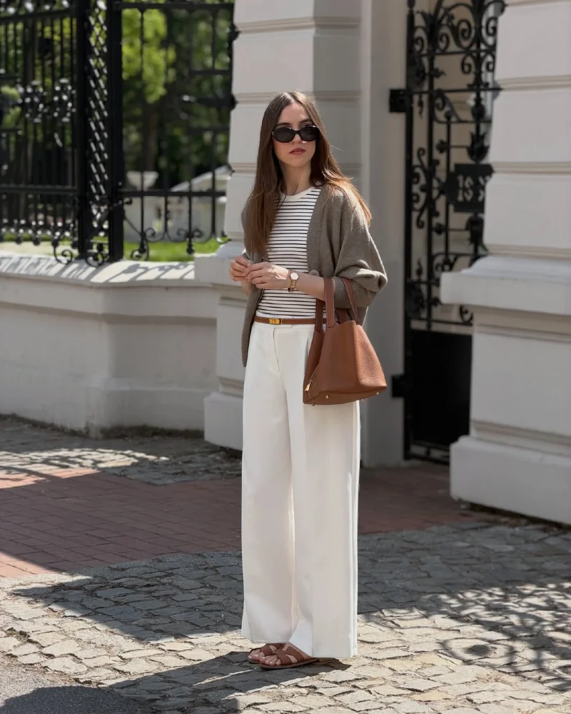 Stripe Tee + Olive Cardigan + White Wide-Leg Trousers