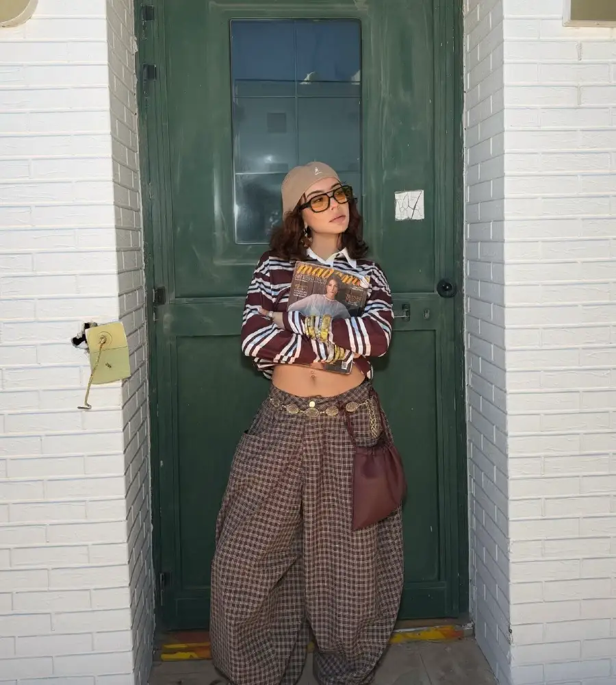 Striped Crop Rugby Top with Brown Plaid Baggy Trousers, Bucket Hat and Ugg Boots