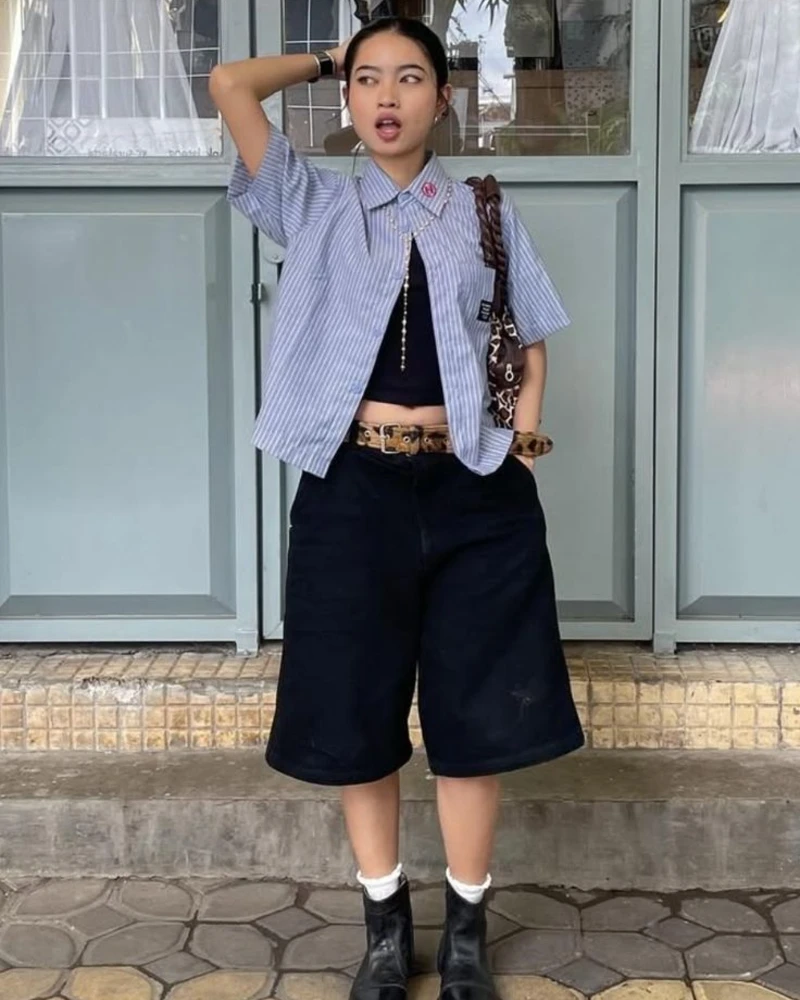  Striped Shirt + Black Crop Top + Denim Bermuda Shorts