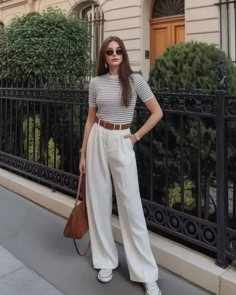 Striped Tee + White Wide-Leg Trousers + Brown Accessories