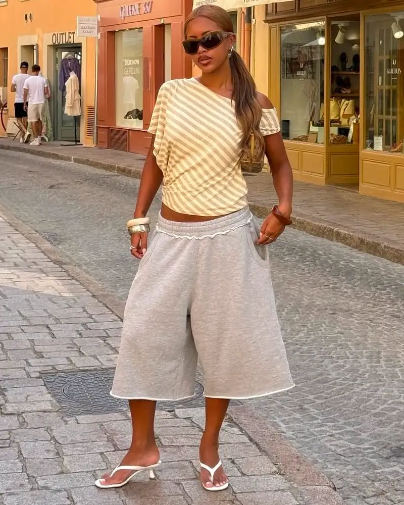 Striped Tee and Wide-Leg Sweat Shorts with Kitten Heels