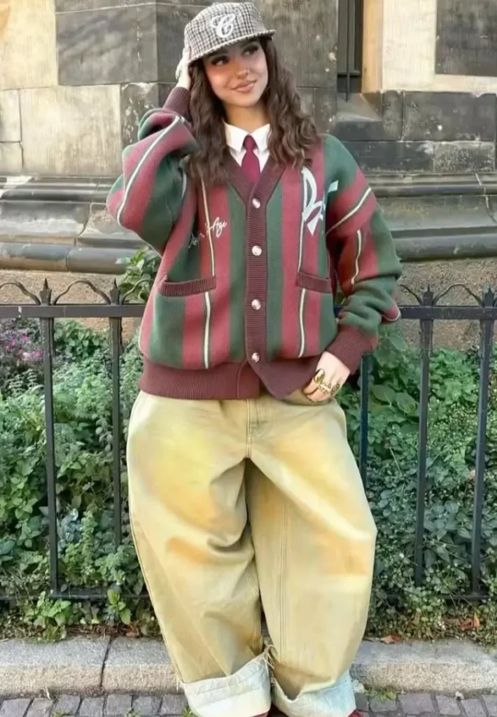 Striped Varsity Cardigan with Baggy Yellow Jeans