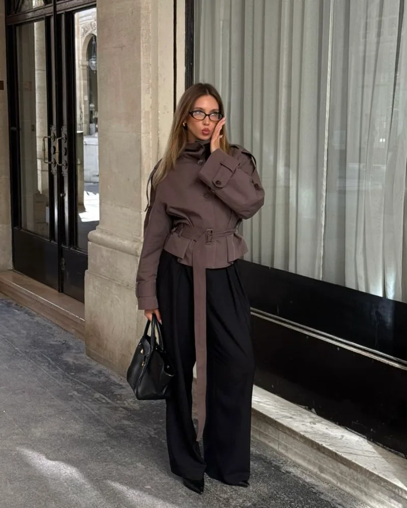 Taupe Belted Cropped Trench and Black Wide Trousers