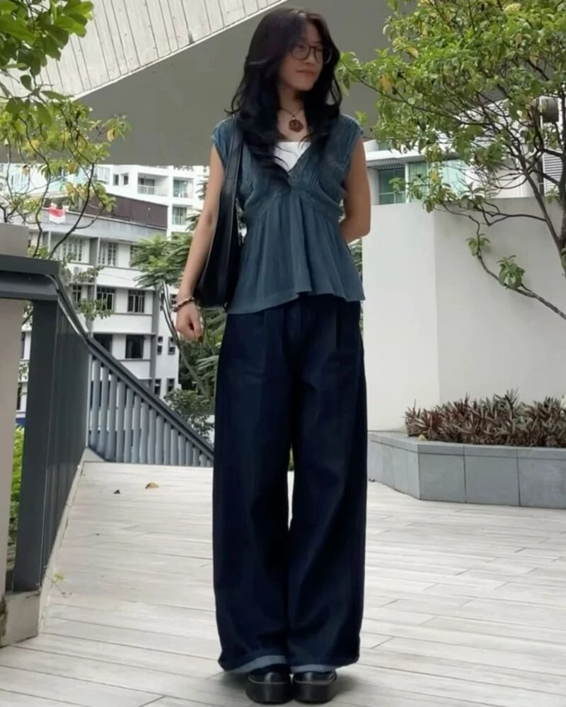 Teal Babydoll Top + Dark Navy Wide-Leg Trousers 