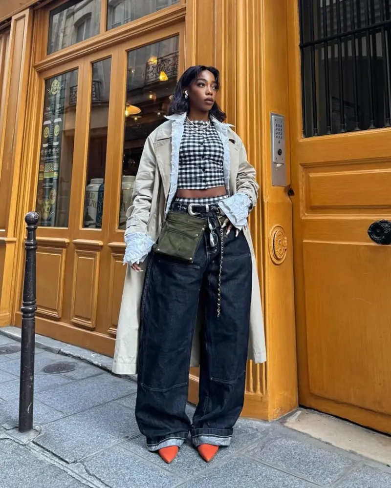 Trench Coat + Gingham Crop Top + Dark Wide Jeans