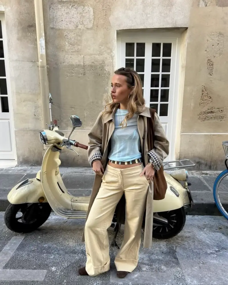 Trench Coat Over Light Blue Tee and Beige Trousers