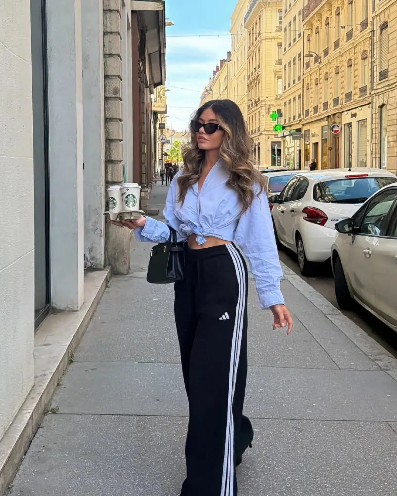 Twisted Blue Shirt + Adidas Track Pants