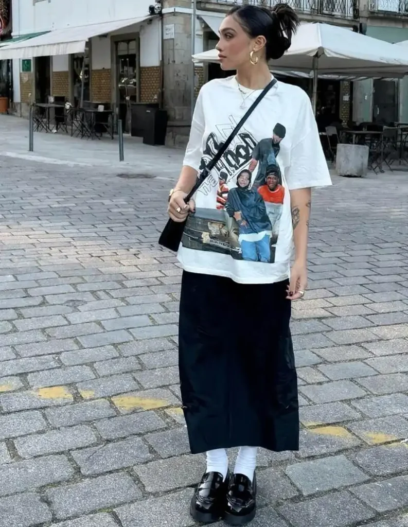 Vintage Graphic Tee, Black Midi Skirt, White Socks