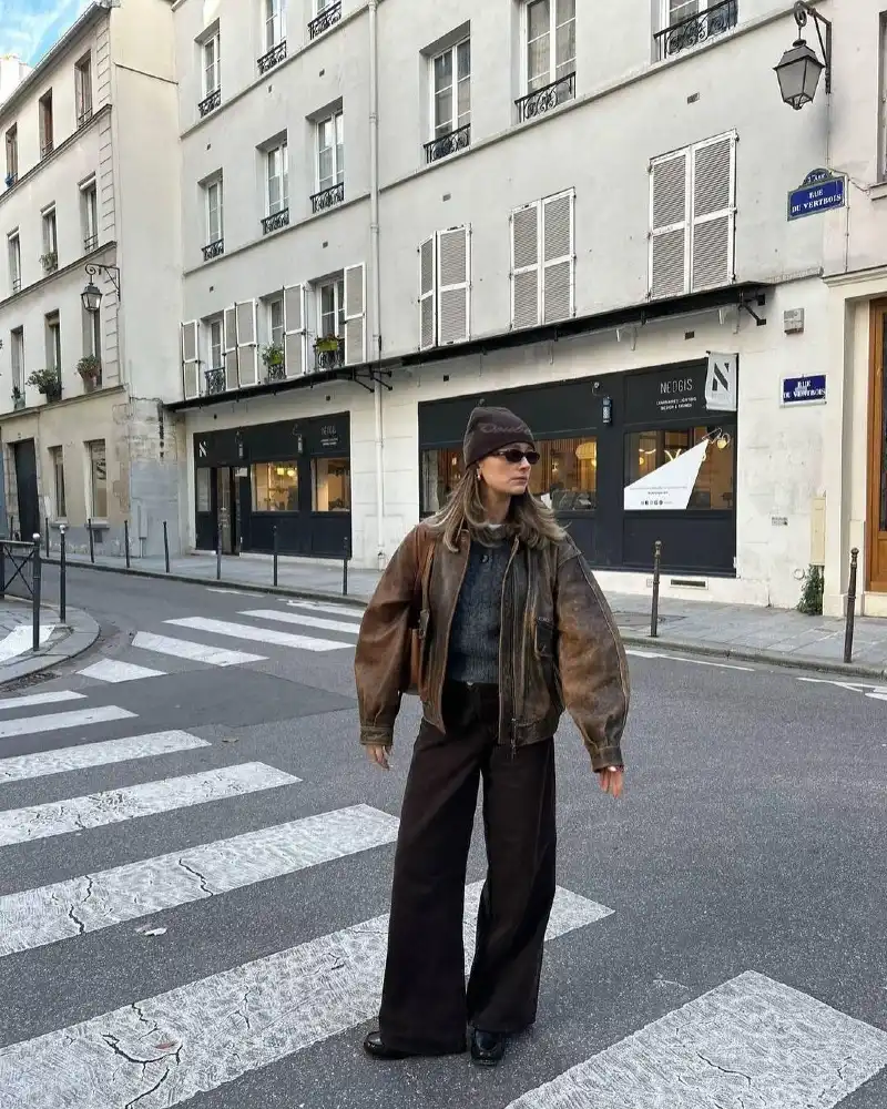 Vintage Leather Bomber and Dark Trousers — The Effortless Brown Combo