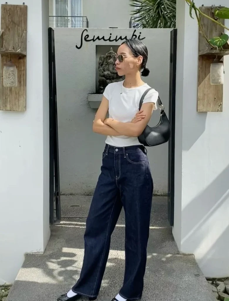 White Baby Tee + Dark Wide-Leg Jeans 