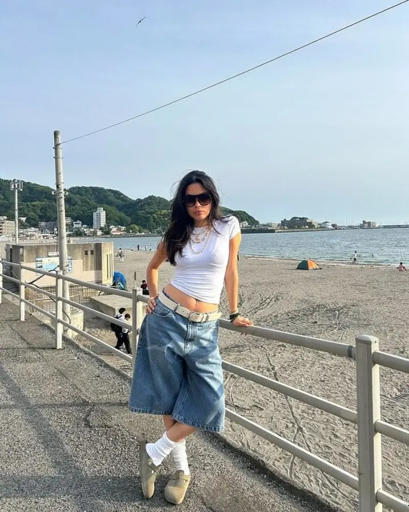 White Baby Tee + Wide Denim Jorts + Clog Mules