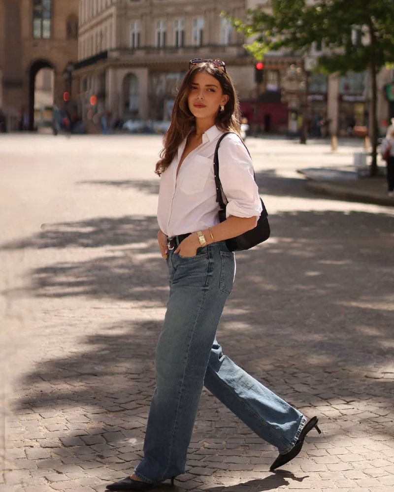 White Button-Down Shirt + Wide-Leg Jeans