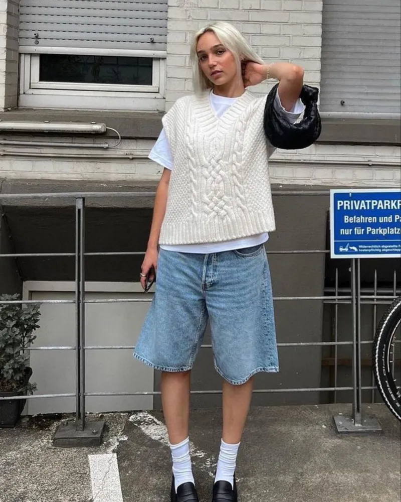  White Cable Knit Vest + White Tee + Light Denim Bermuda Shorts