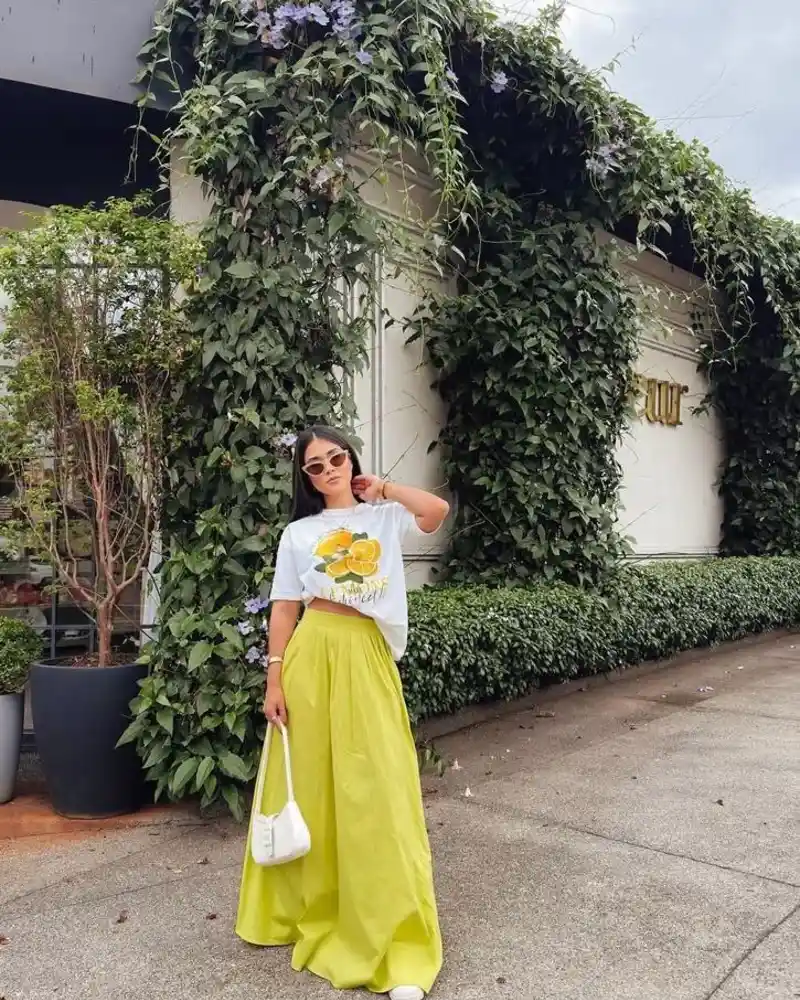 White Citrus Graphic Tee + Chartreuse Maxi Skirt
