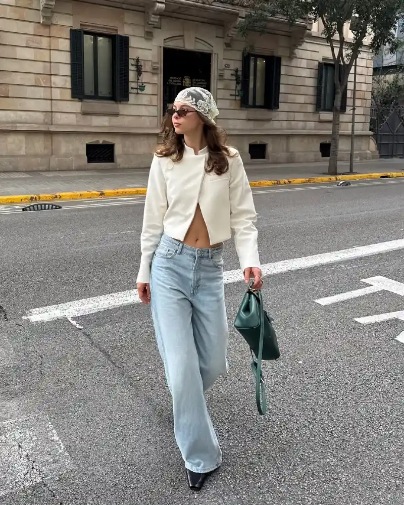  White Crop Blazer + Wide-Leg Jeans