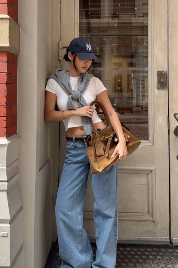 White Crop Tee + Wide-Leg Jeans + NY Cap