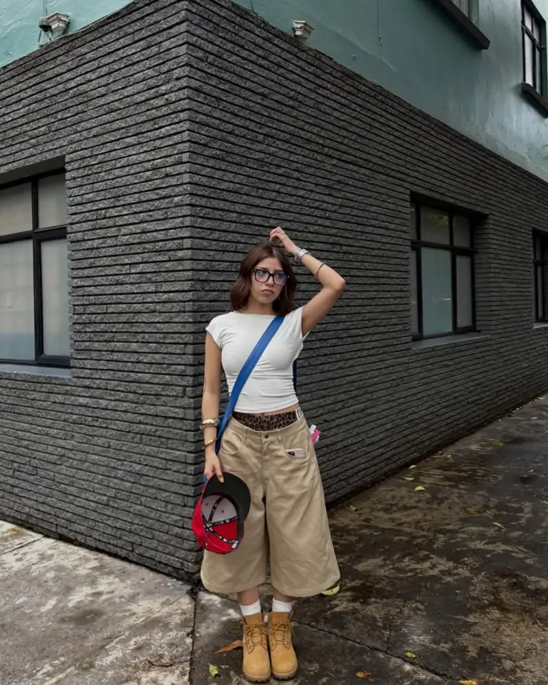 White Crop Tee with Beige Cargo Shorts, Leopard Belt and Timberlands
