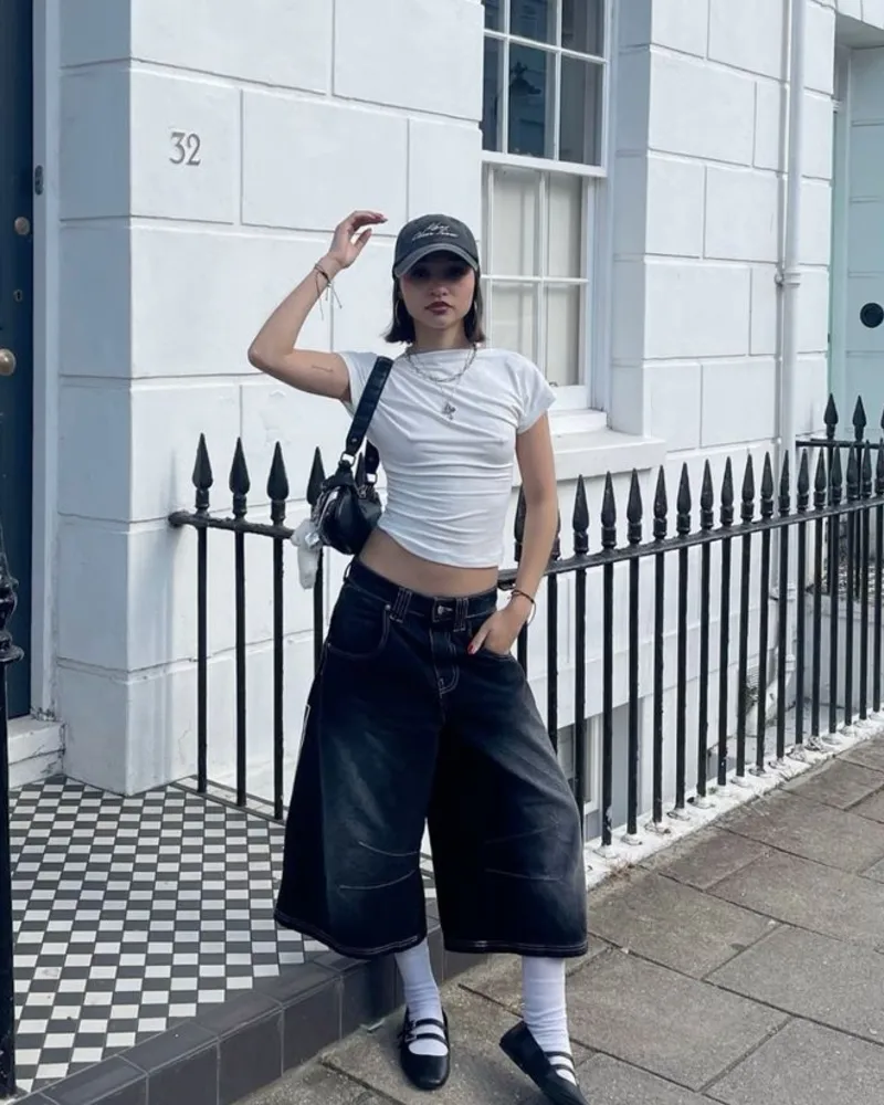 White Crop Tee with Black Wide Denim Shorts
