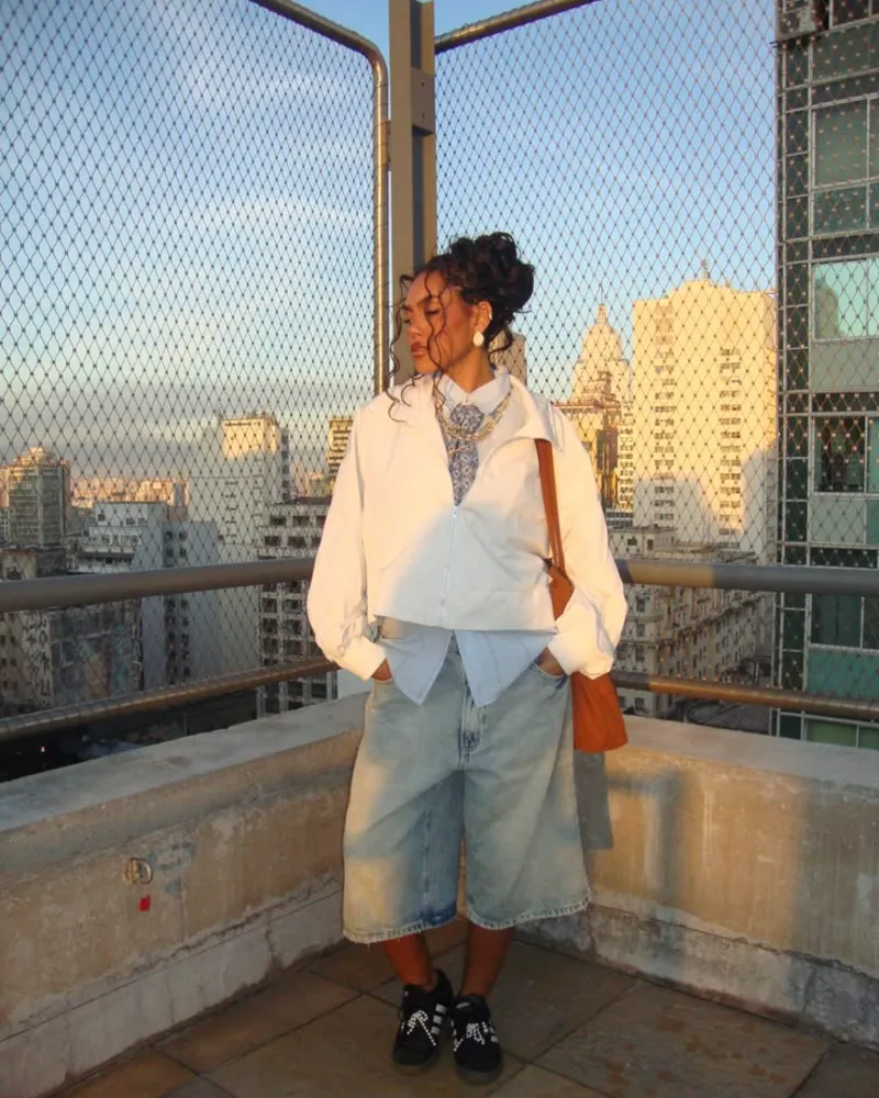 White Cropped Jacket with Wide Denim Bermuda Shorts