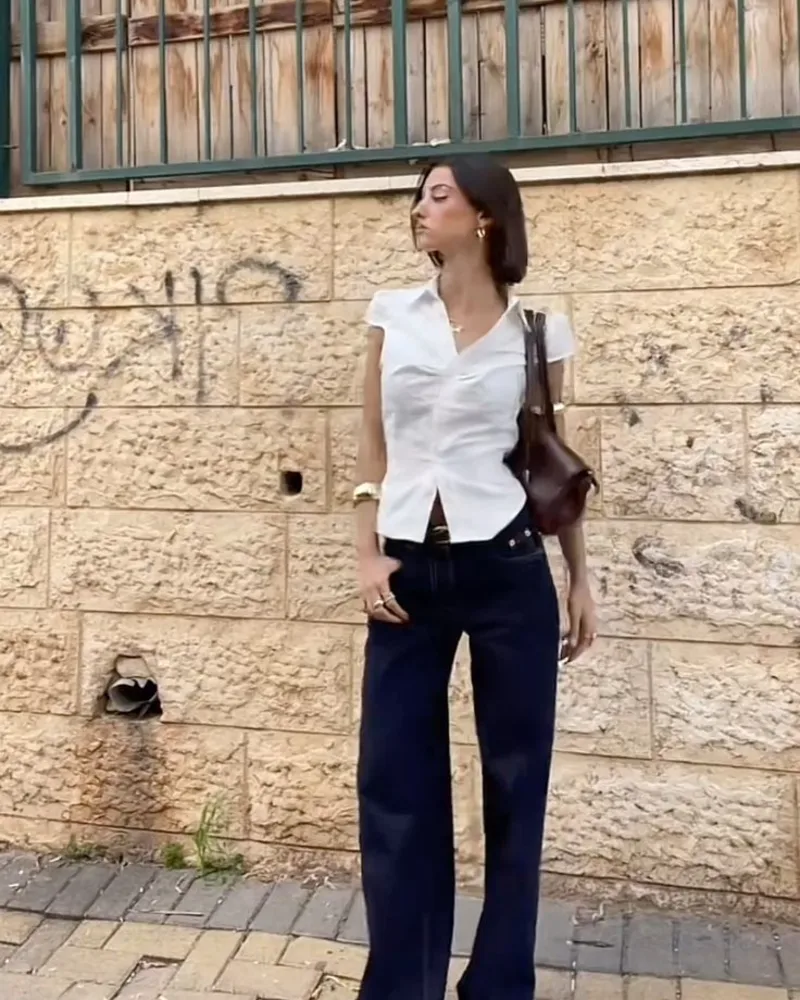 White Fitted Cap-Sleeve Shirt + Dark Navy Wide-Leg Jeans