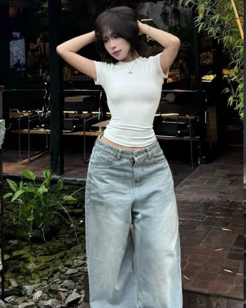 White Fitted Crop T-Shirt with Super Baggy Light Wash Jeans
