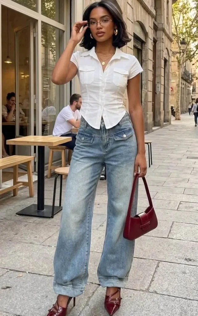 White Fitted Shirt + Wide-Leg Jeans + Burgundy Accessories